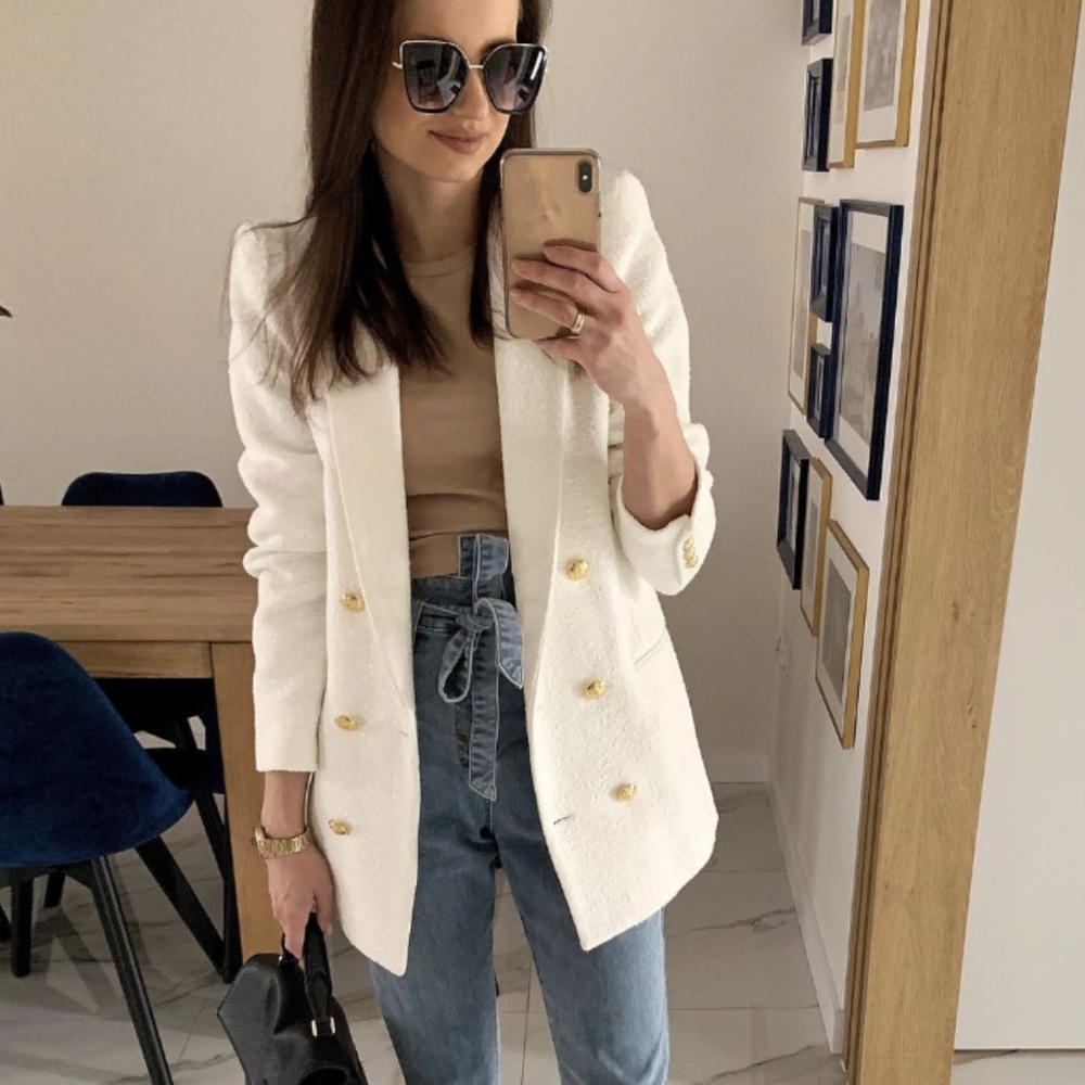 NWT ZARA TEXTURED BUTTONED LONG BLAZER WHITE